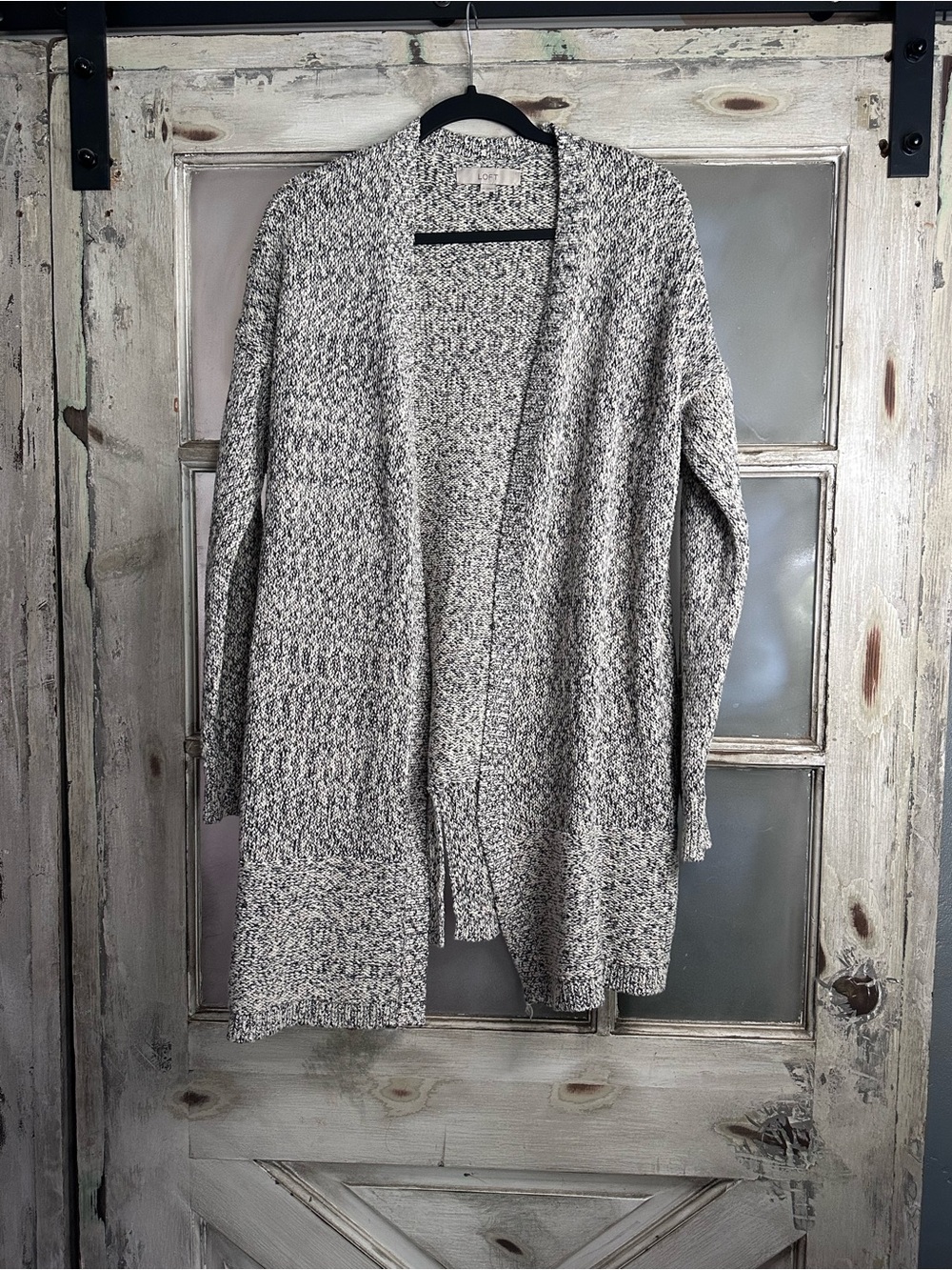 LOFT Open Front Long Cardigan Sweater Metallic Black Cream Size M